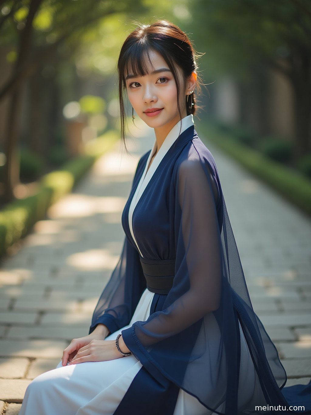 身着唐制汉服的年轻成年女性在极简影棚中，沐浴自然光，气质温婉。