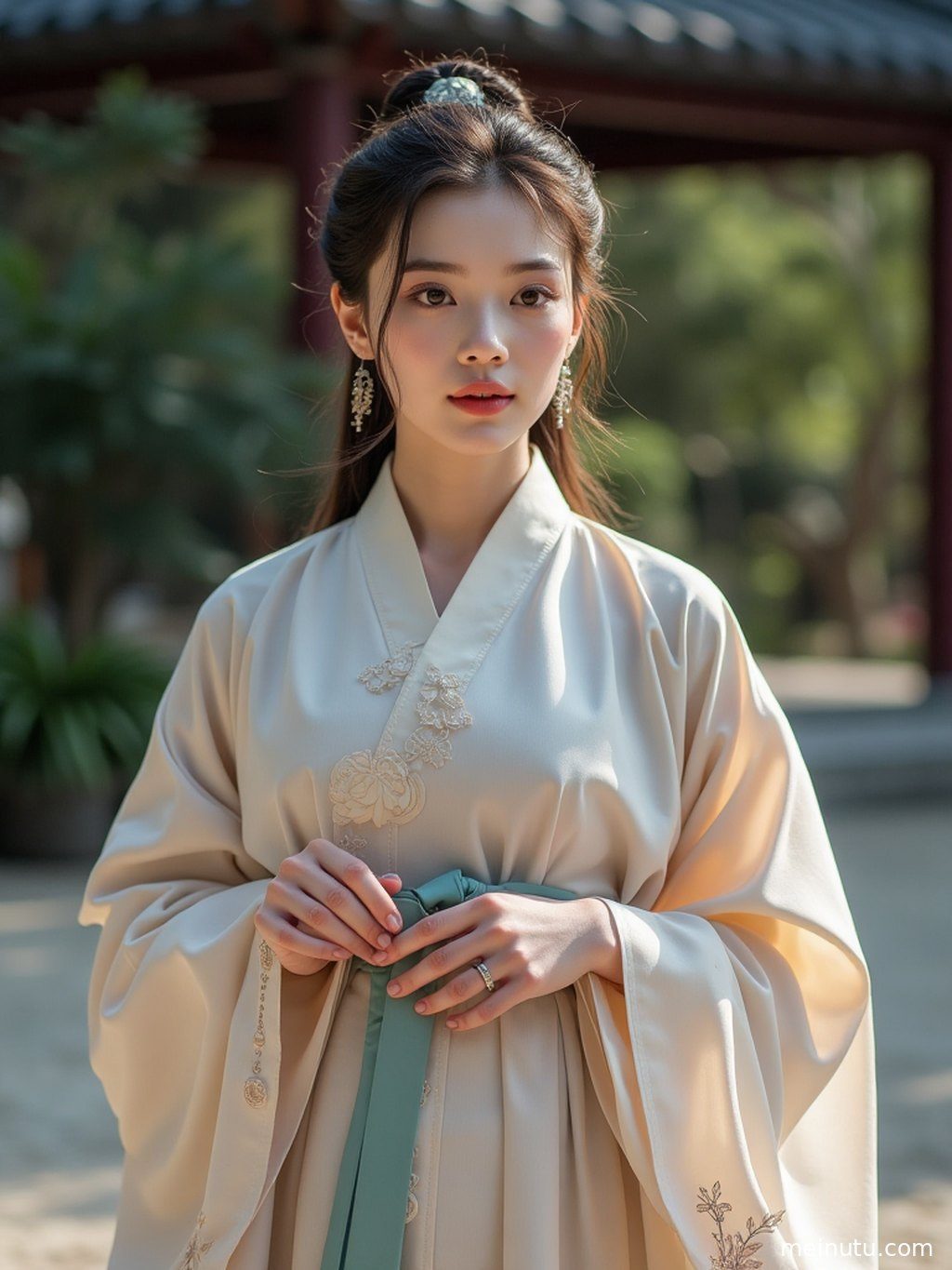 汉服服饰的近景特写，展现刺绣纹样与丝绸光泽，细节饱满。