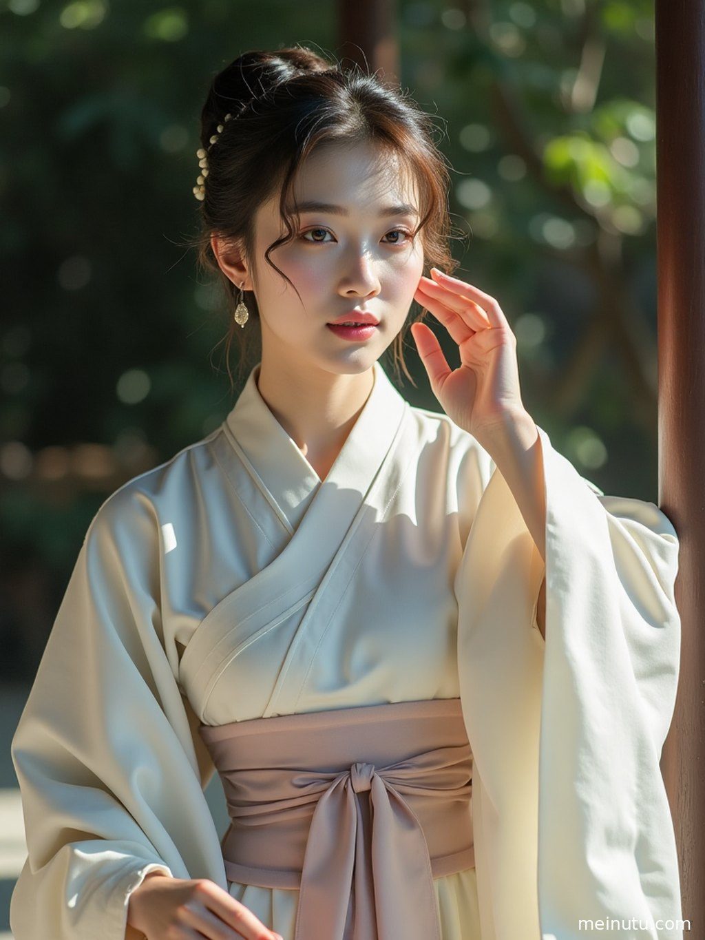 阴天漫射光下，汉服女子身姿绰约，背景虚化，突出主体。