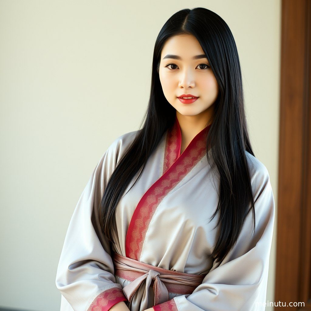 身着华美汉服的成年女子在古韵街头，暖色侧光勾勒全身曼妙身姿。