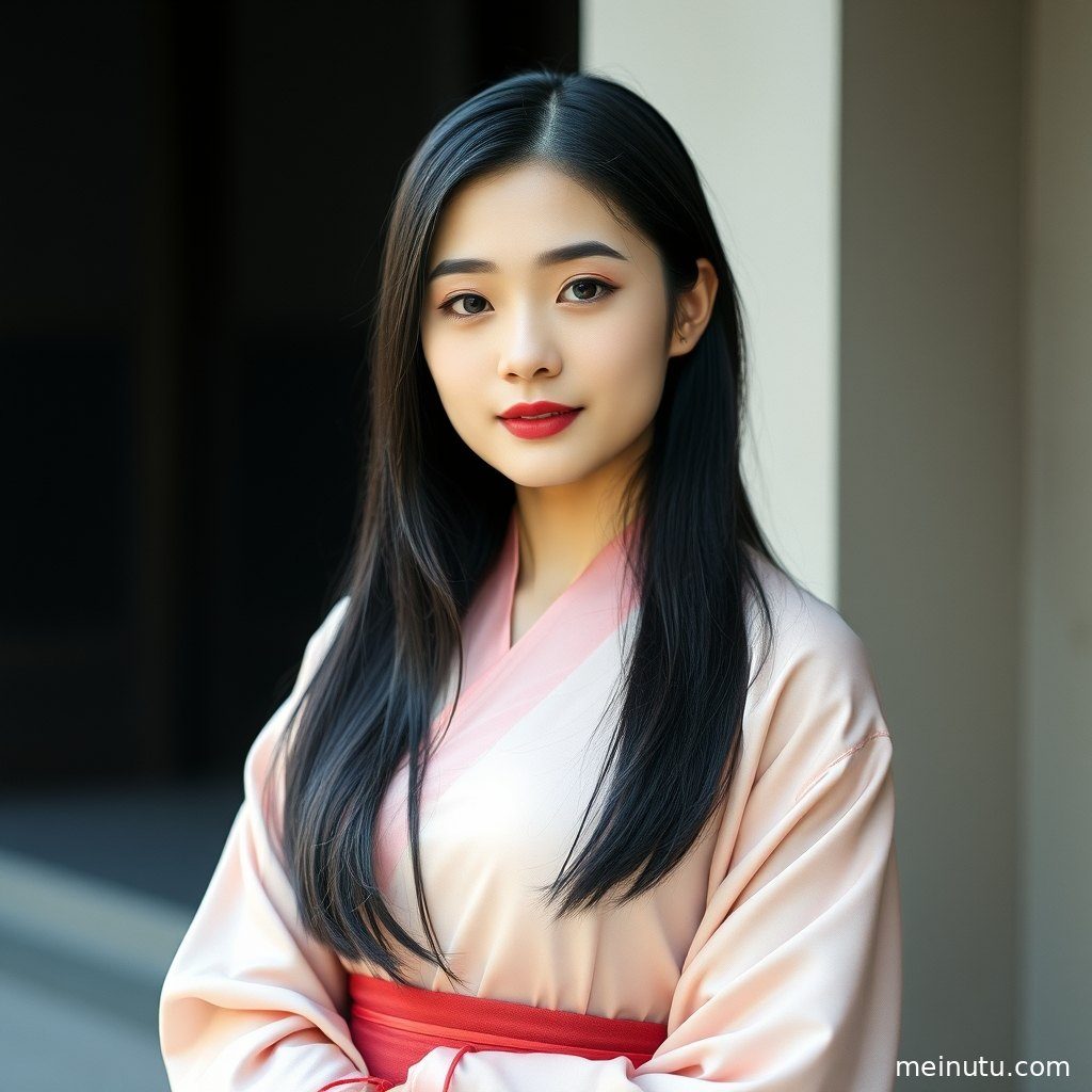 汉服女子侧身回眸，暖色侧光照亮精致妆容与飘逸裙摆，全身构图尽显优雅。