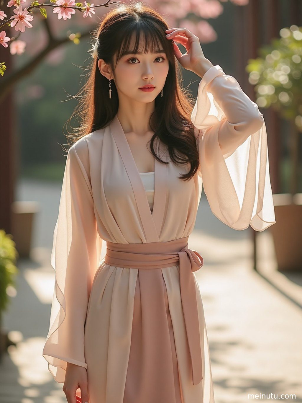 身着中国风汉服的成年女子在极简棚内，自然光勾勒曼妙身姿。