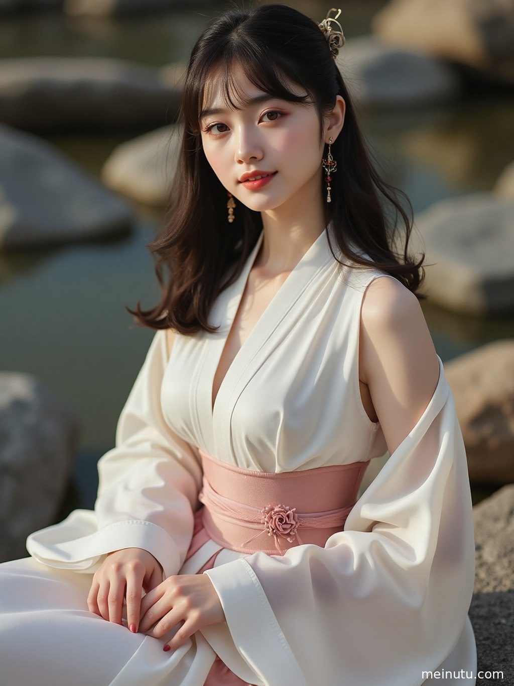光影交错的汉服肖像，眼神中流露东方古典美。