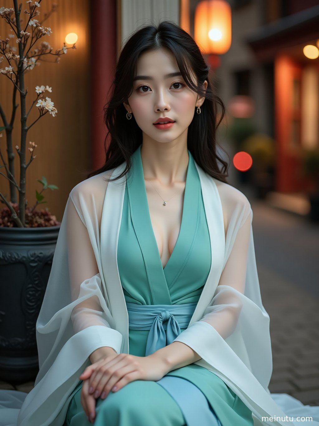 极简背景下的中国风汉服全身照，尽显飘逸气质。