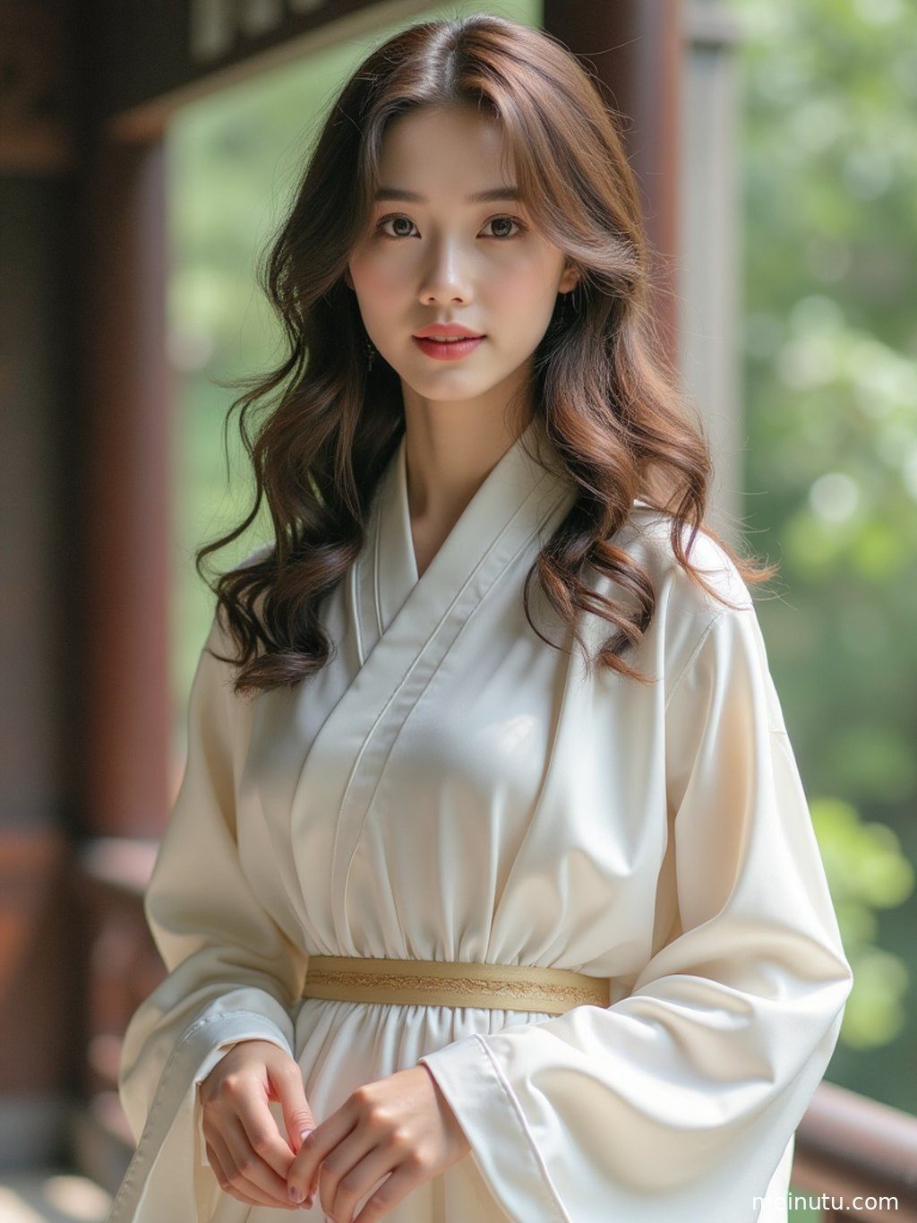 一位成年女性身着精致唐风汉服，手持团扇，侧颜在光影中显得格外迷人。