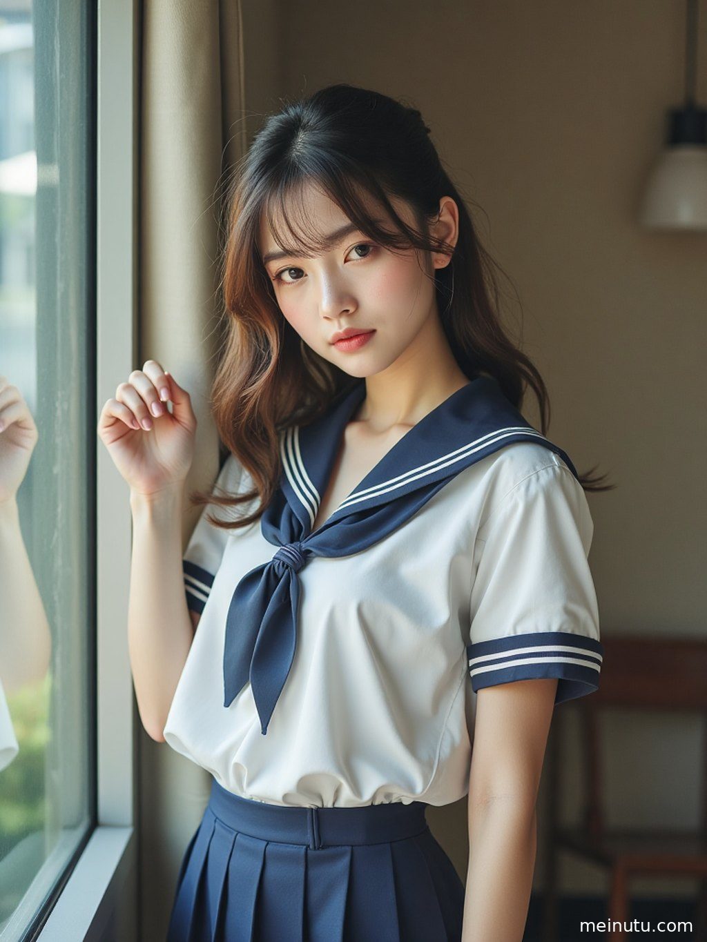 成年女性在柔和自然光下侧身回眸，展现白丝jk 室内柔光 柔和逆光 全身构图 · 高清写真图集的场景层次与光影。
