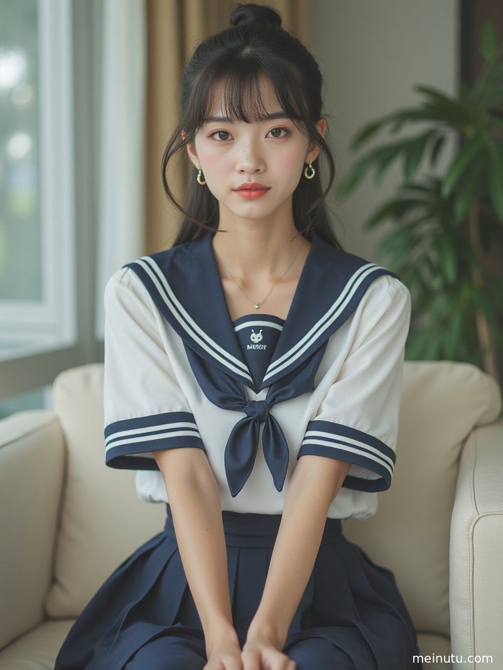 成年女性置身主题场景中，画面强调白丝jk 室内柔光 柔和逆光 全身构图 · 高清写真图集的柔和光线与高清画质。