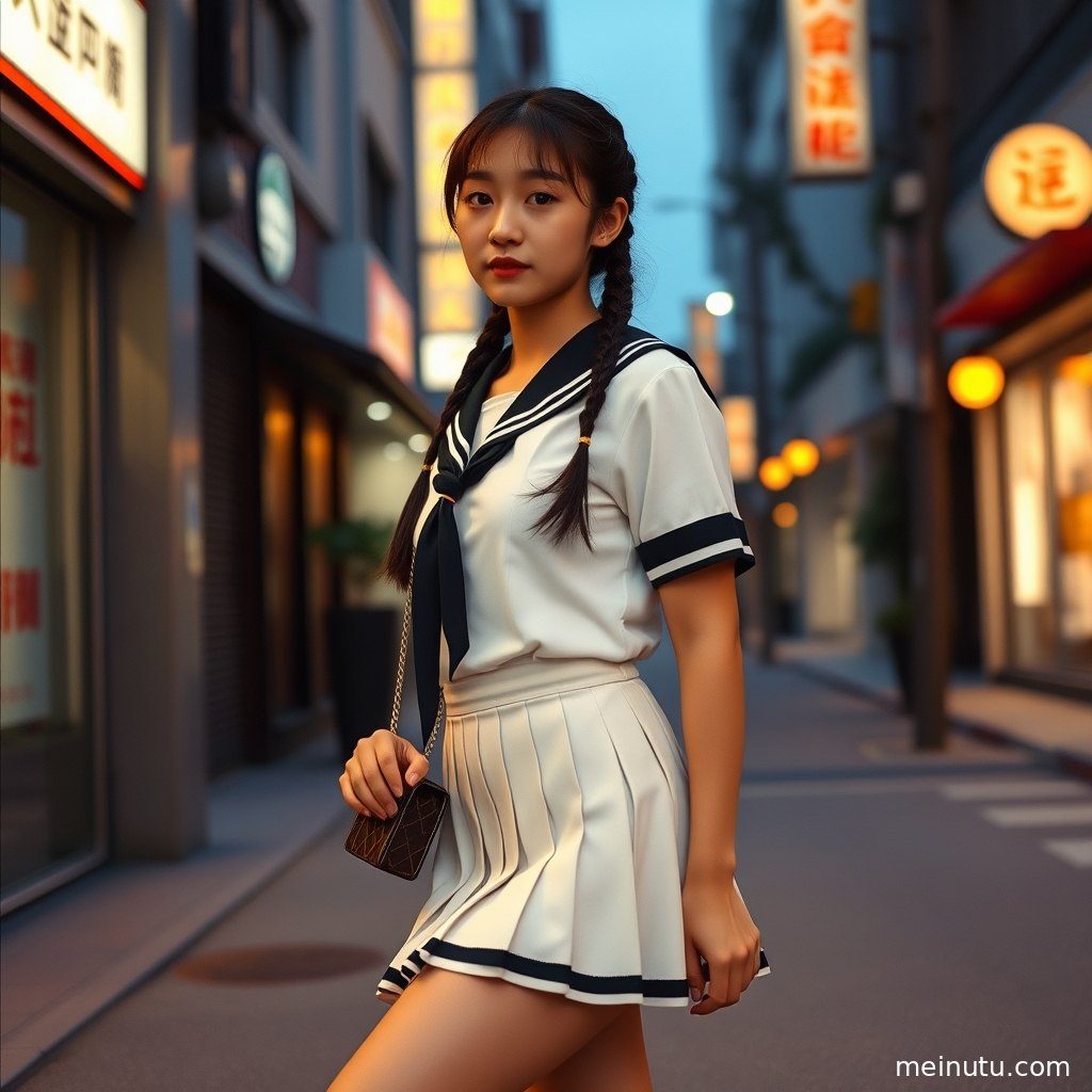 近景特写，展现短裙JK制服的细节与成年女性的精致面容。