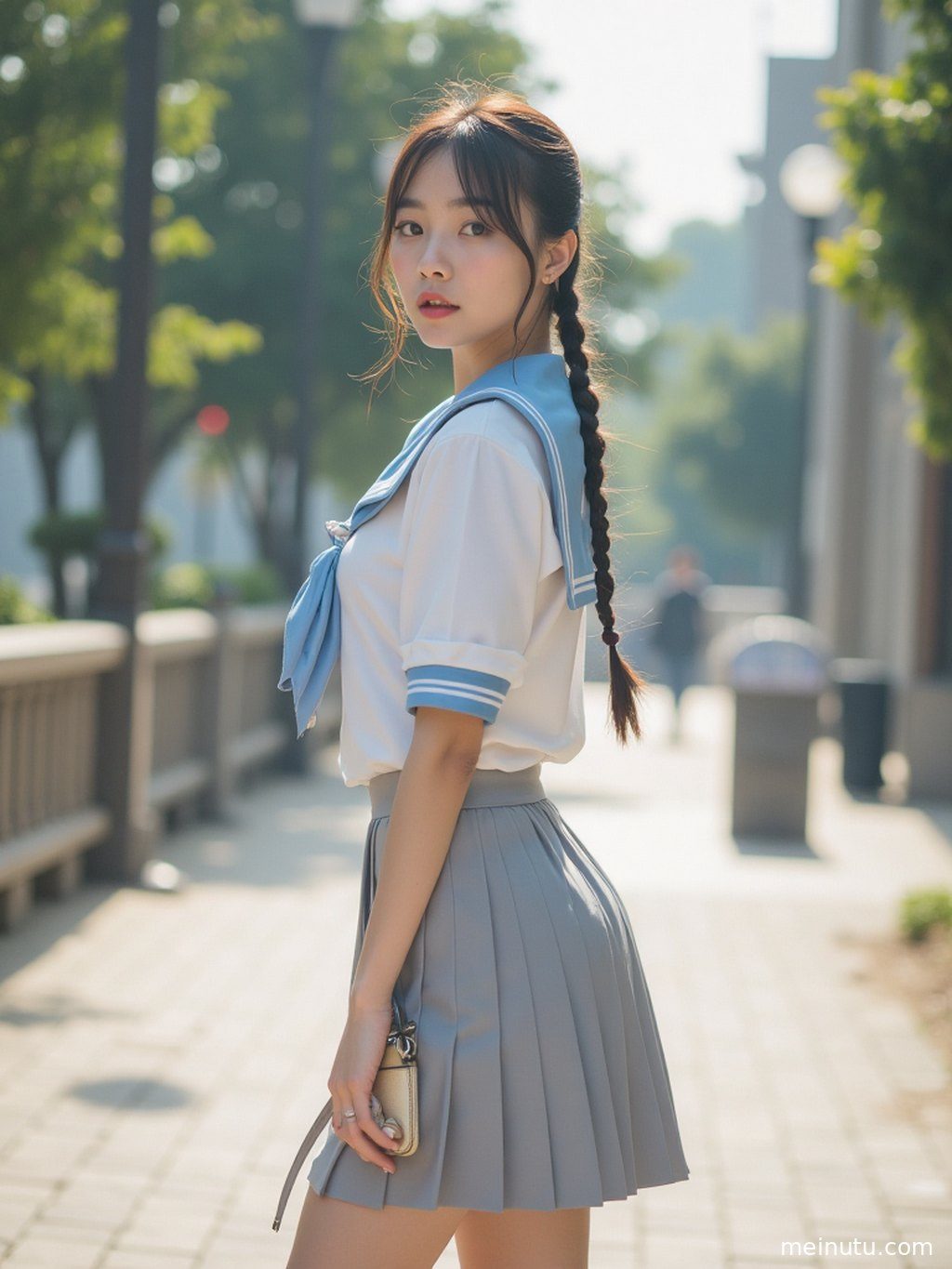 成年女性身着短裙JK，在柔和晨光中，定格纯净美好的瞬间。