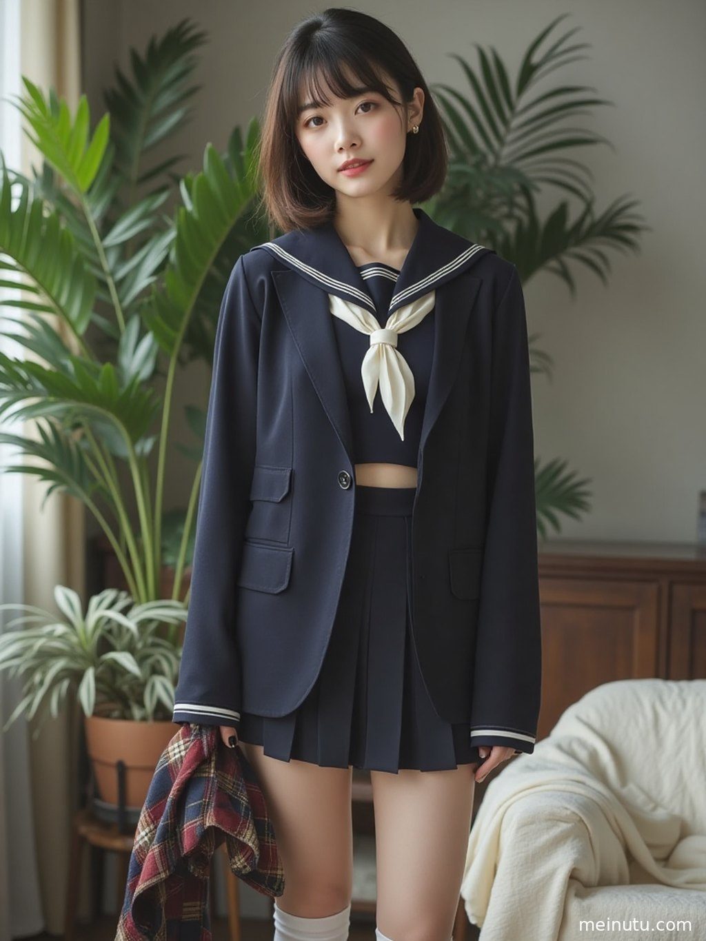 身着JK超短裙的年轻成年女子在花园中，光影在她身上投下斑驳的痕迹。