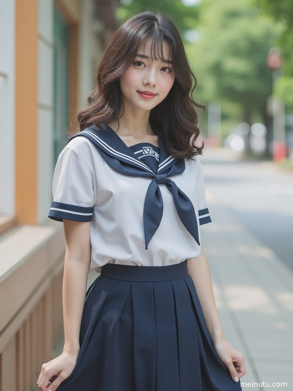 成年女性身着JK水手服，晨光透过窗户洒下，光影斑驳。