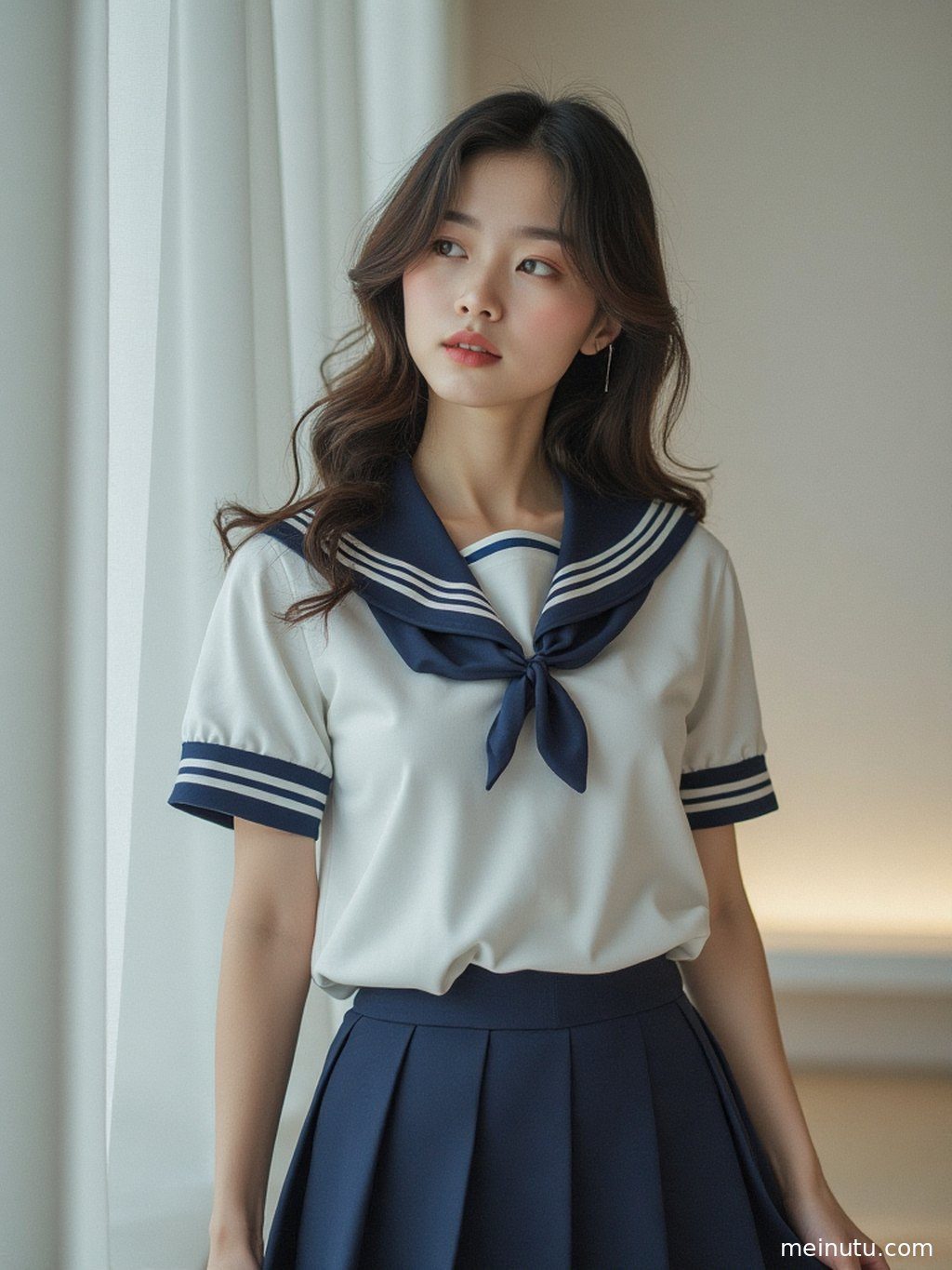 阴天漫射光下，一位成年女性穿着JK水手服，眼神宁静。
