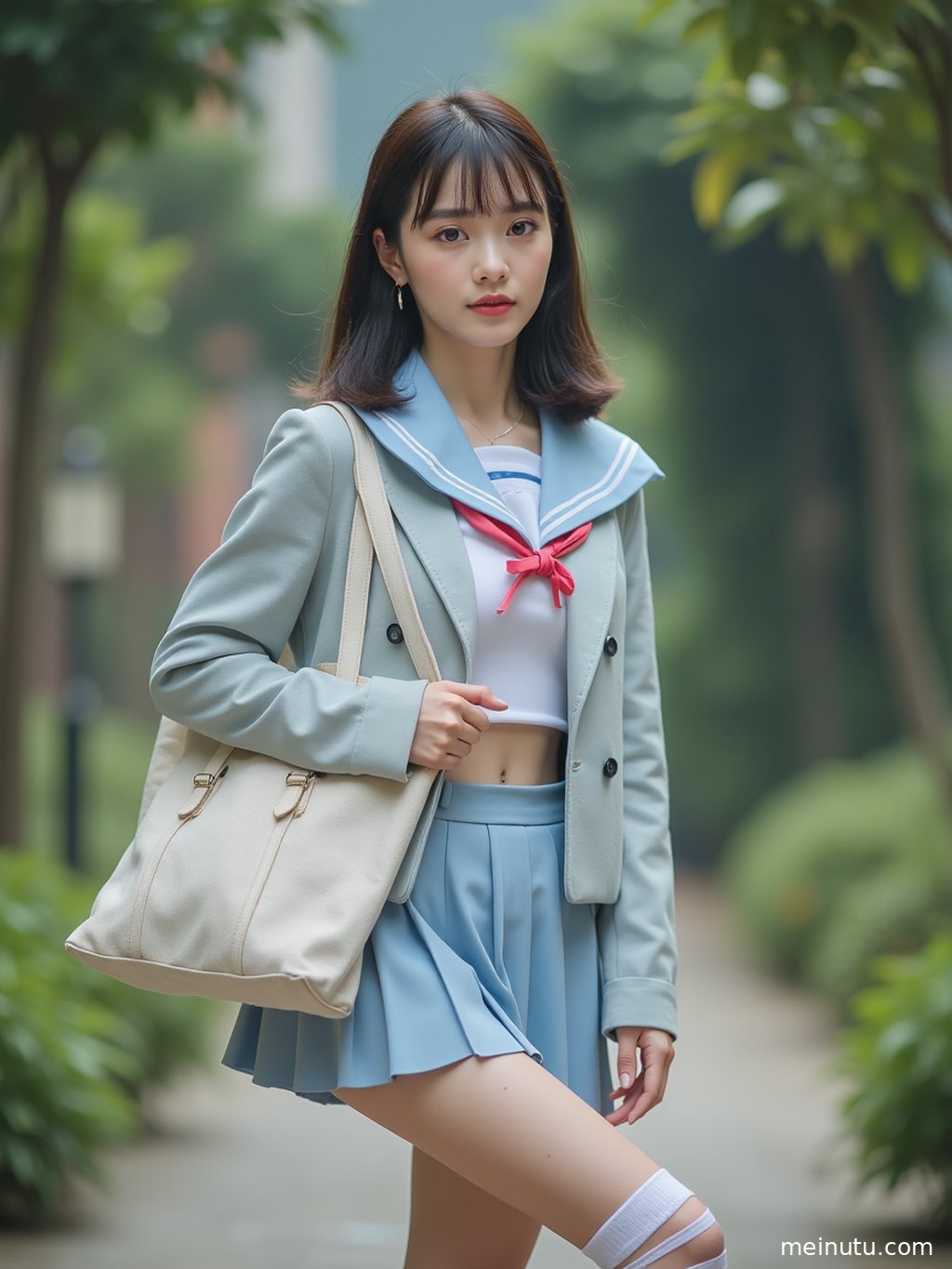 特写镜头下，年轻成年女性身着的JK制服细节清晰可见，自然光线勾勒出柔美轮廓。