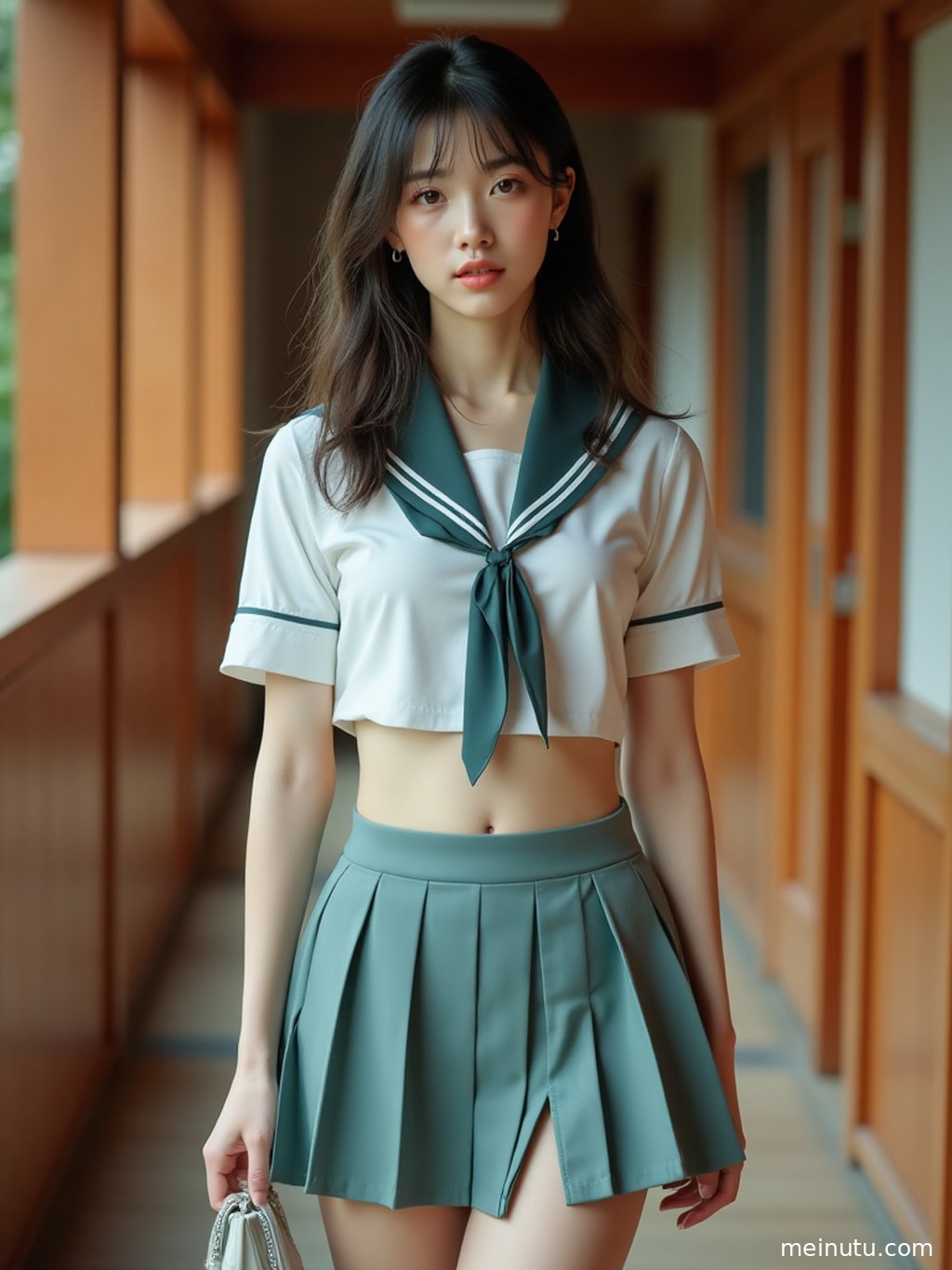 年轻成年女性侧身回眸，复古走廊的光线勾勒出清透的轮廓，充满故事感。