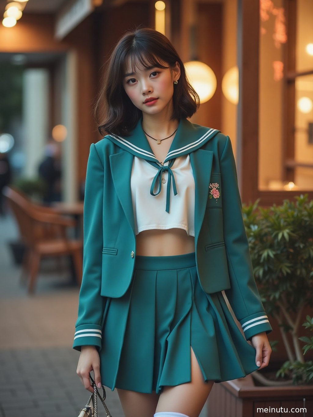 JK制服裙写真，以三分法构图展现人物与复古走廊的空间感，光影效果突出。