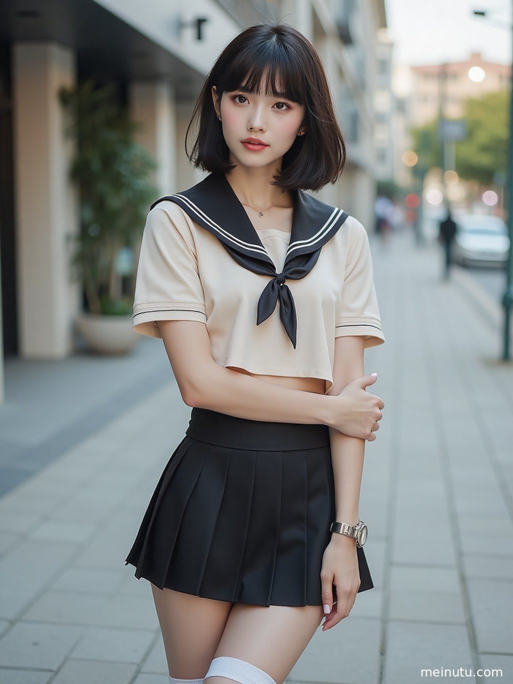 身着JK制服套装的年轻成年女性在复古走廊中回眸，眼神清澈。