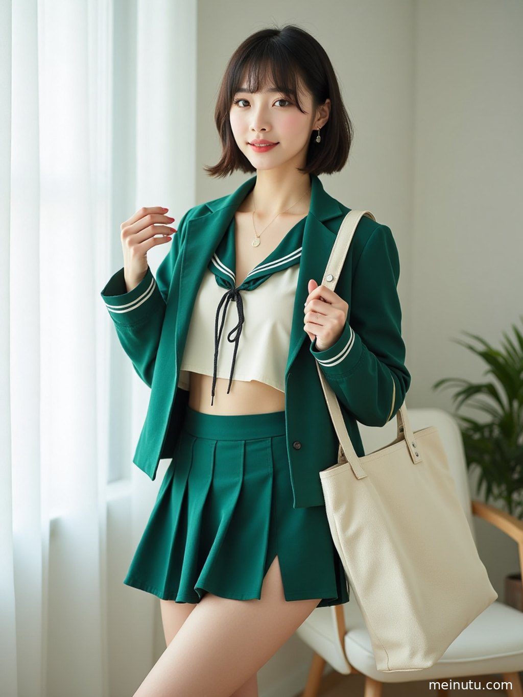 年轻成年女性穿着JK制服套装，在复古走廊的光影下展现活力。