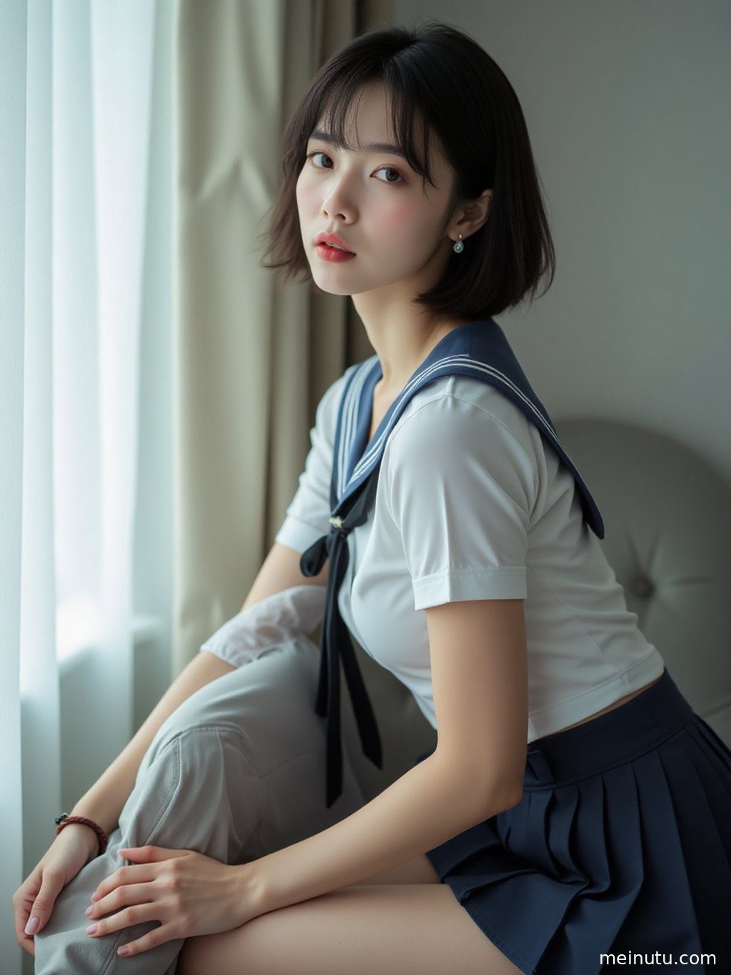 JK制服套装写真，以三分法构图展示复古走廊的独特空间感。