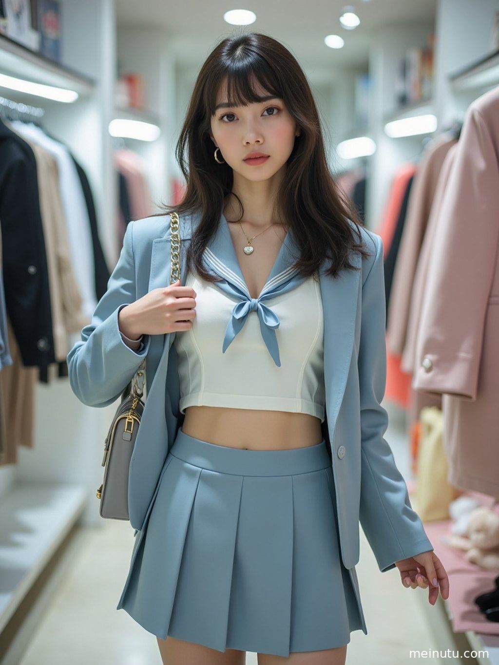 成年女性在柔和自然光下侧身回眸，展现jk制服诱惑 花园 清透高光的场景层次与光影。