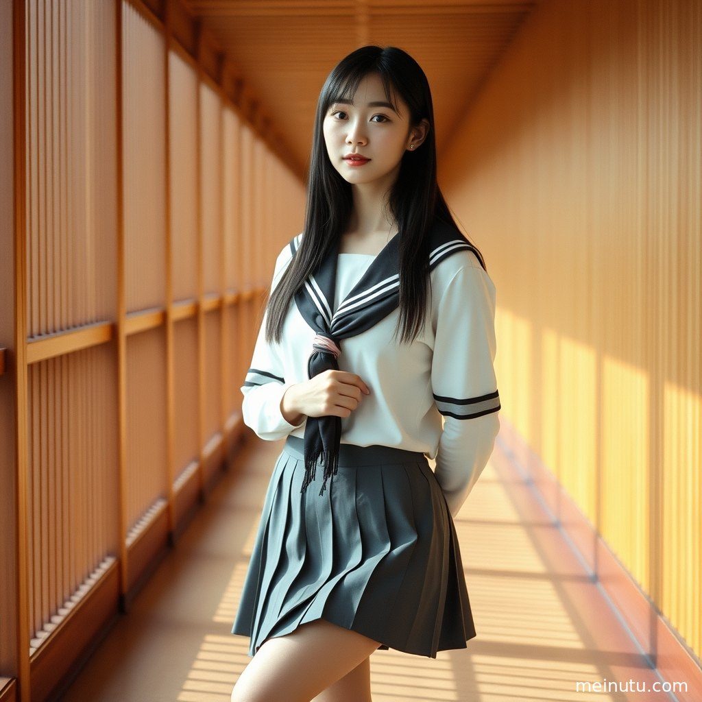 成年女性身着水手服JK制服，沐浴在窗边柔和的光线下，眼神宁静。