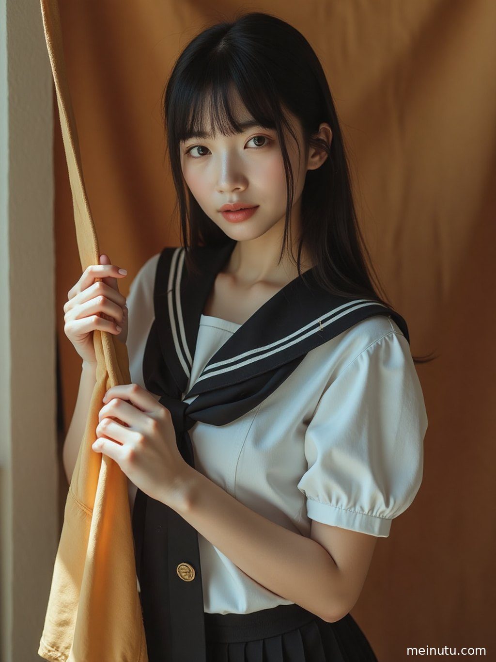 水手服JK制服的细节特写，领巾褶皱与布料质感在光影下清晰可见。