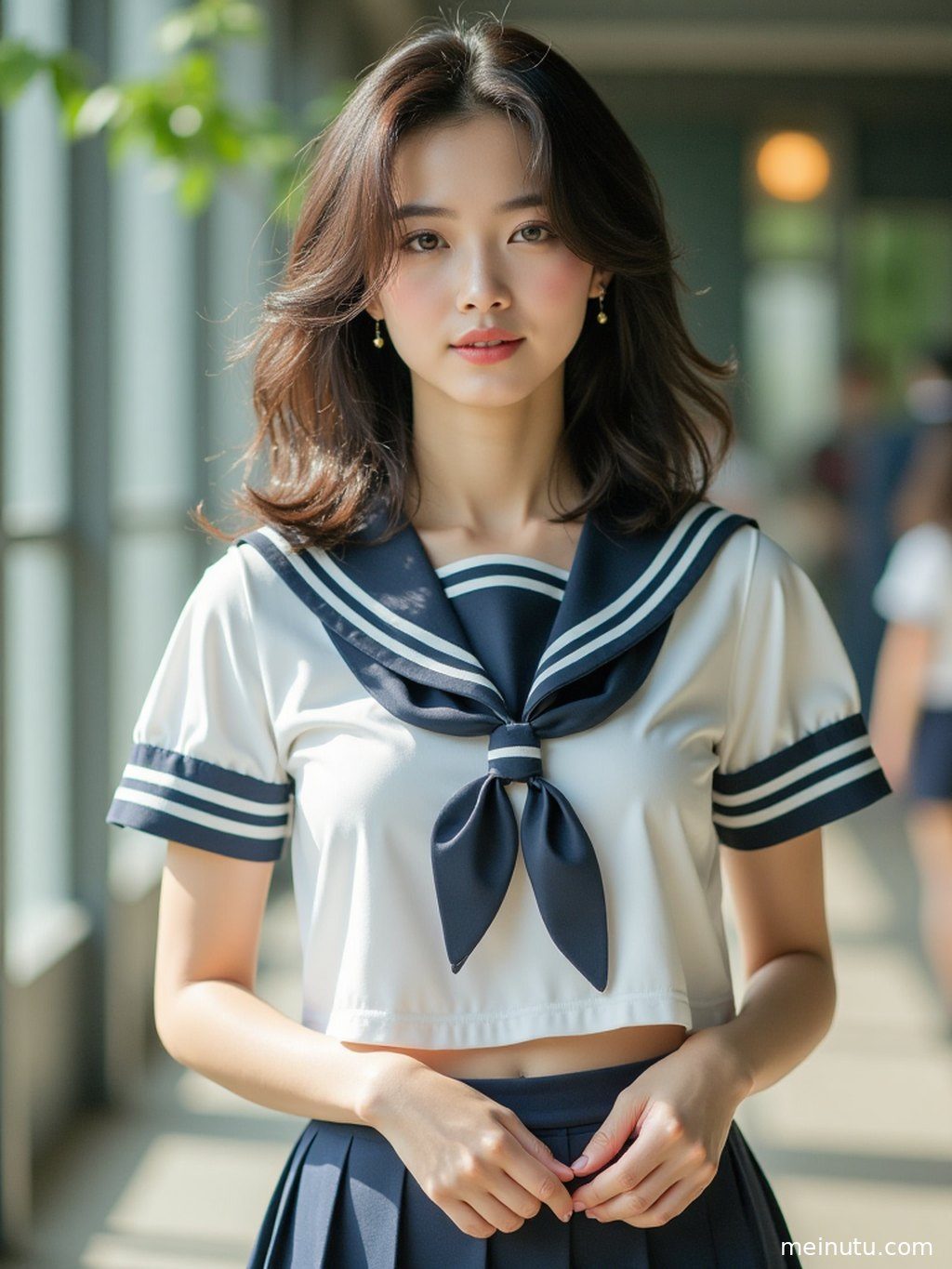 全身构图展示JK制服的完整搭配，背景是充满生活气息的街景，光影效果迷人。