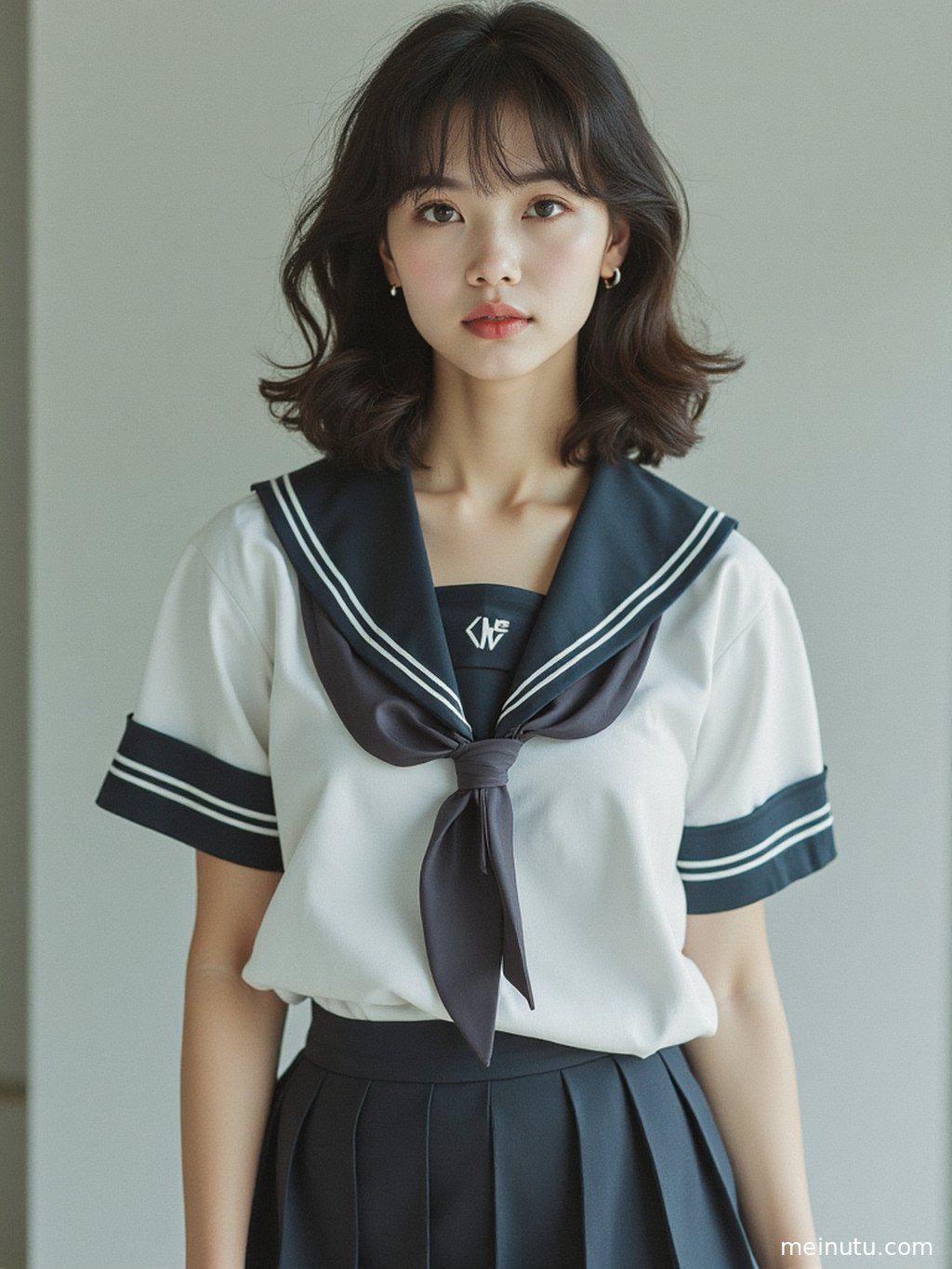捕捉到JK女子在街头行走瞬间的动态美，暖色侧光下，制服的线条与人物的活力感相互辉映。