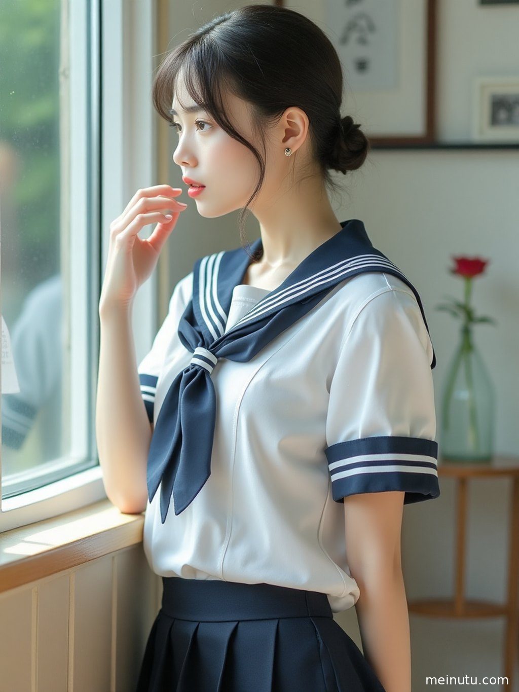 成年女性在柔和自然光下侧身回眸，展现校园JK · 高清写真图集的场景层次与光影。