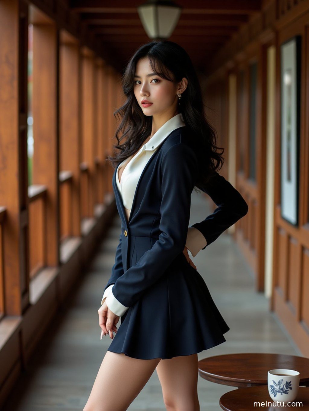 成年女性在柔和自然光下侧身回眸，展现黑色丝袜 辣妹风 室内暖光 长腿写真的场景层次与光影。