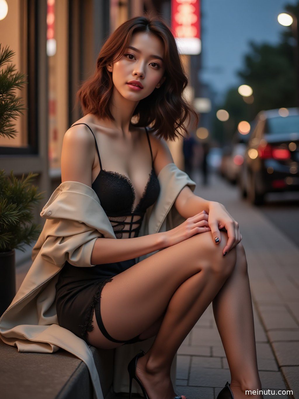 以窗外景致为背景，成年女子自信地展示着黑丝与高跟鞋的性感搭配。