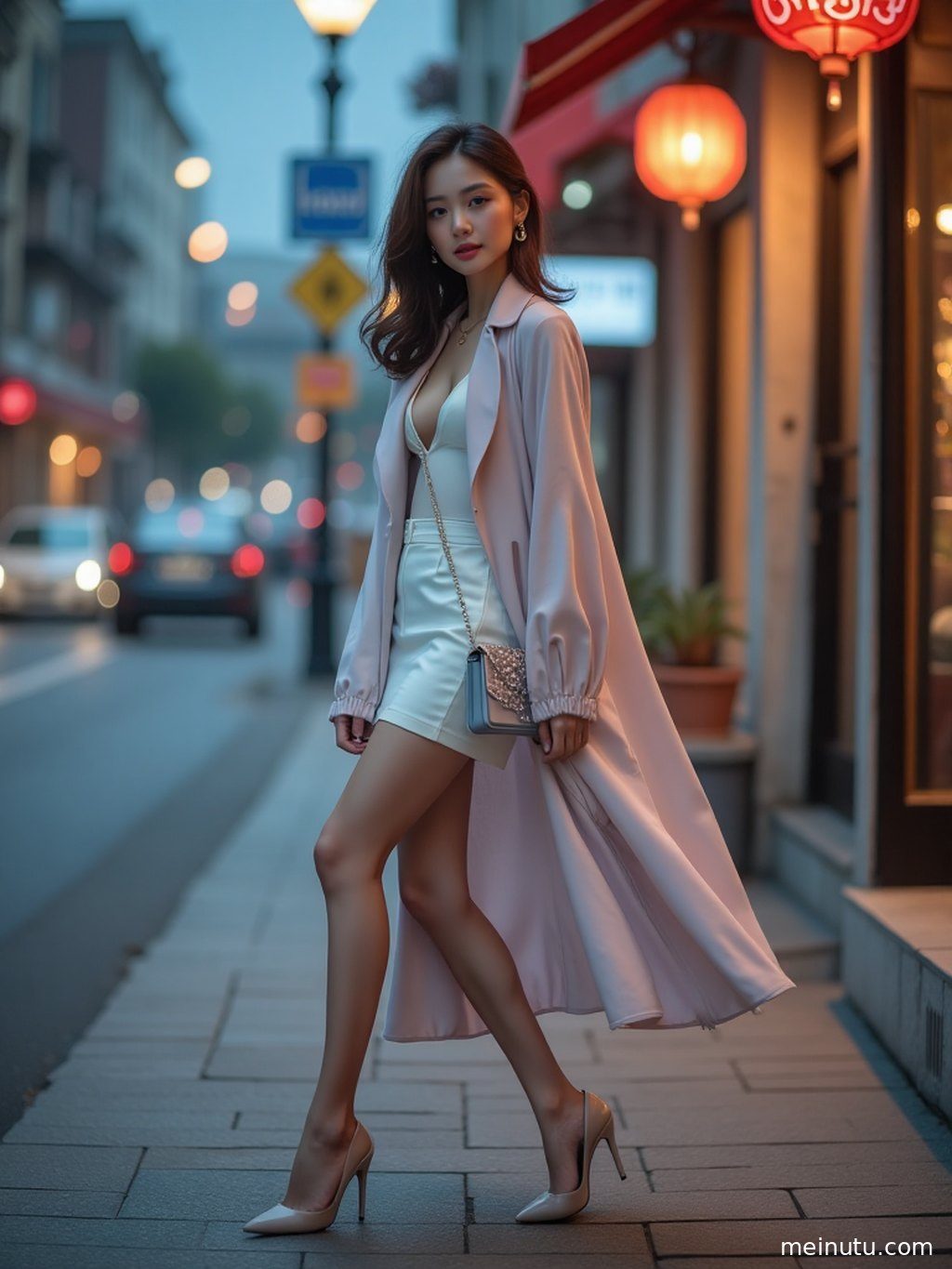 海边沙滩上，一位成年女性穿着丝袜，阳光洒在她修长的美腿上。