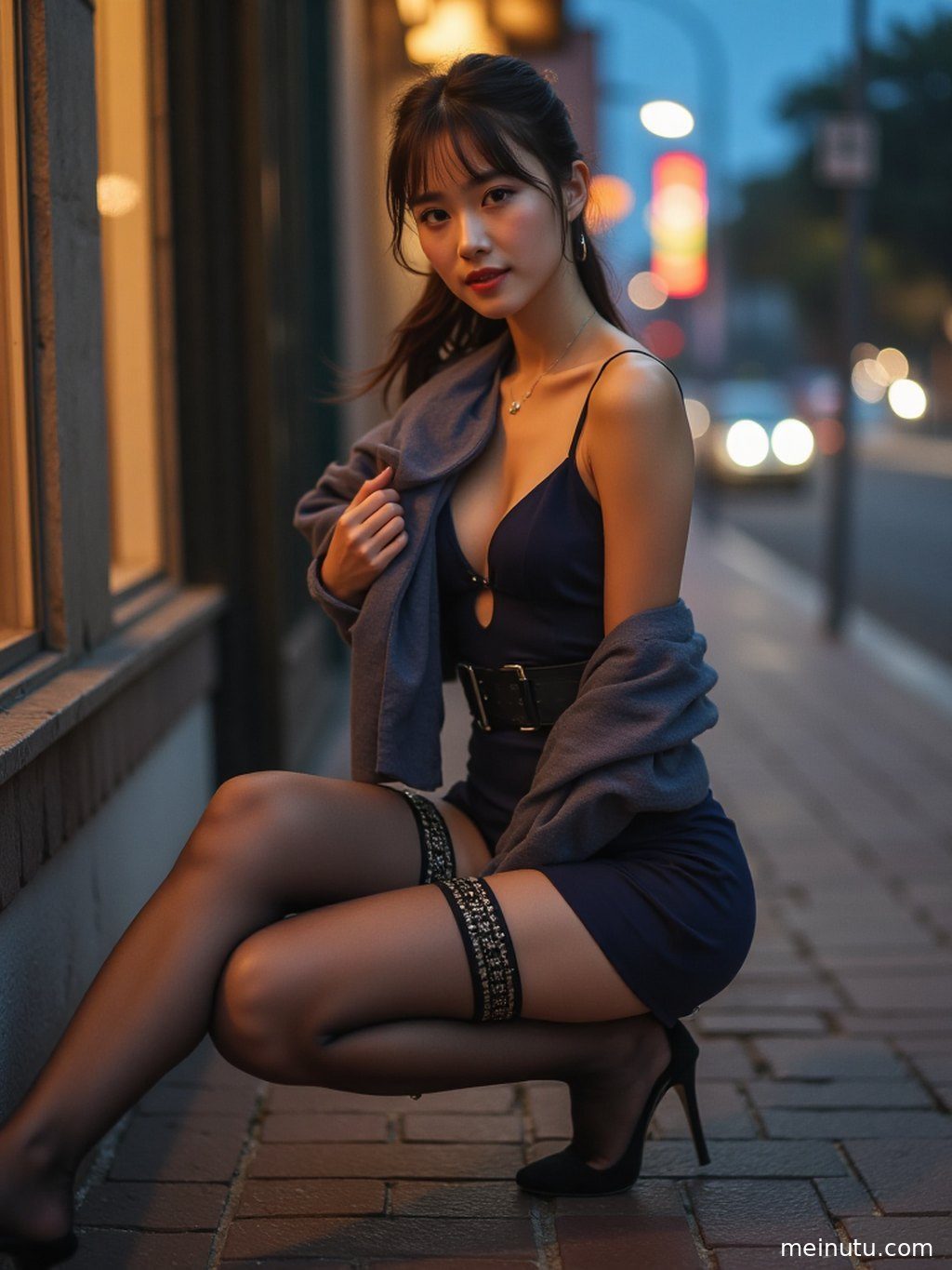 成年女性置身主题场景中，画面强调轻妆二十出头成年感 黑丝吊带袜 窗边高跟的柔和光线与高清画质。