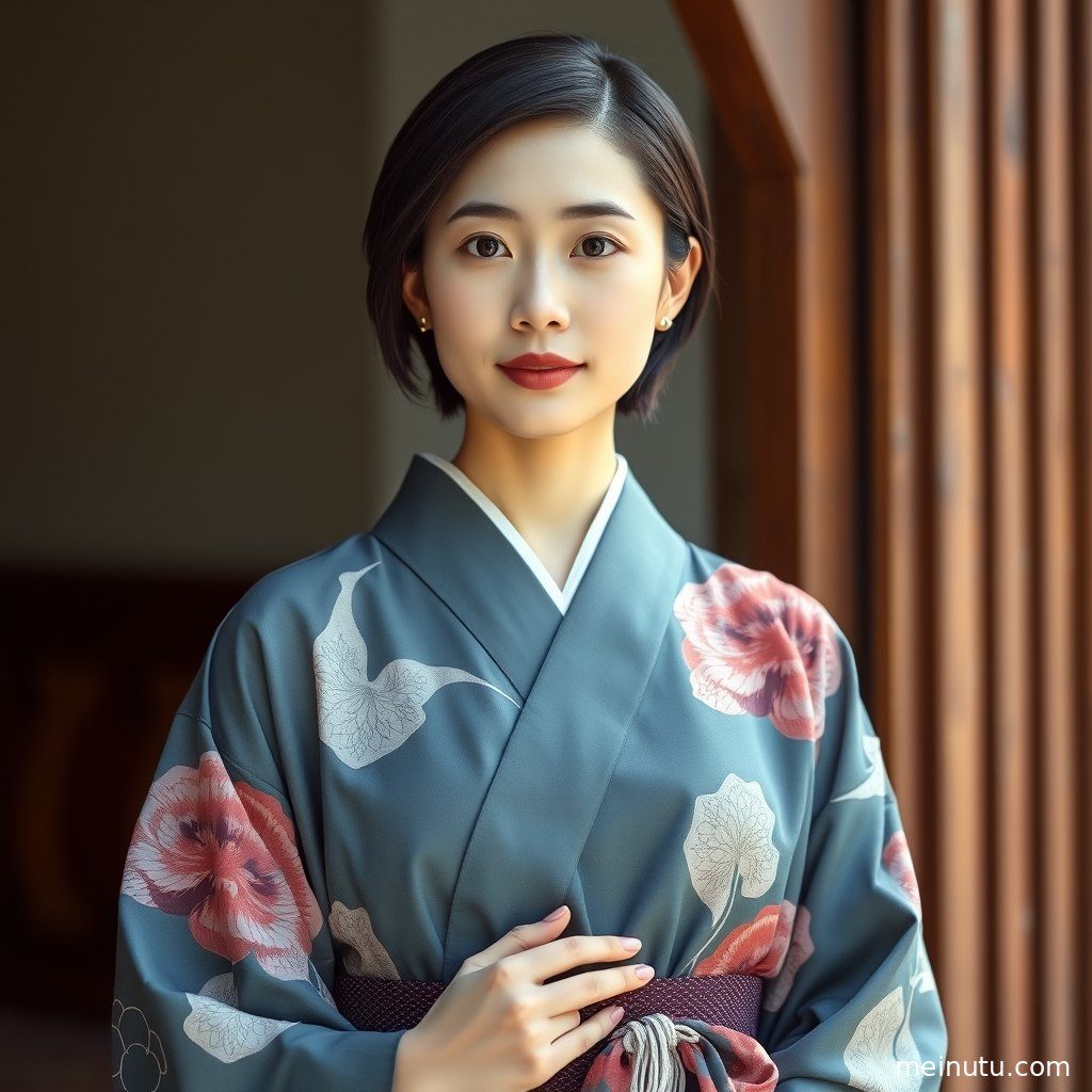 身着华美和服的成年女子，在柔和室内光下展露恬静侧颜。
