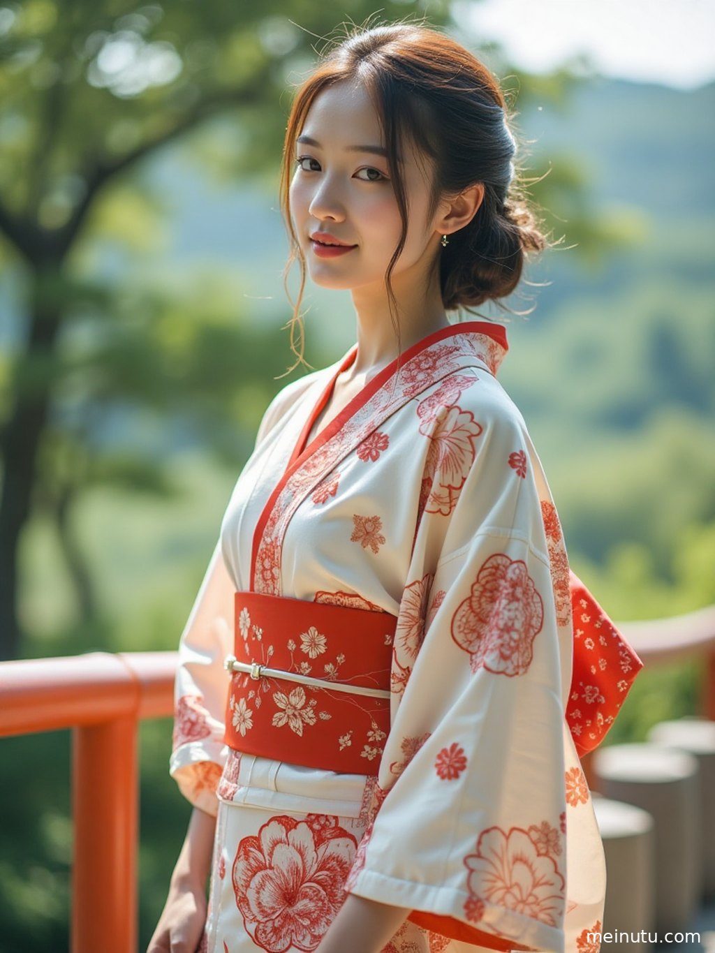 暖色侧光勾勒出成年女子身着和服的侧影，尽显优雅与宁静。