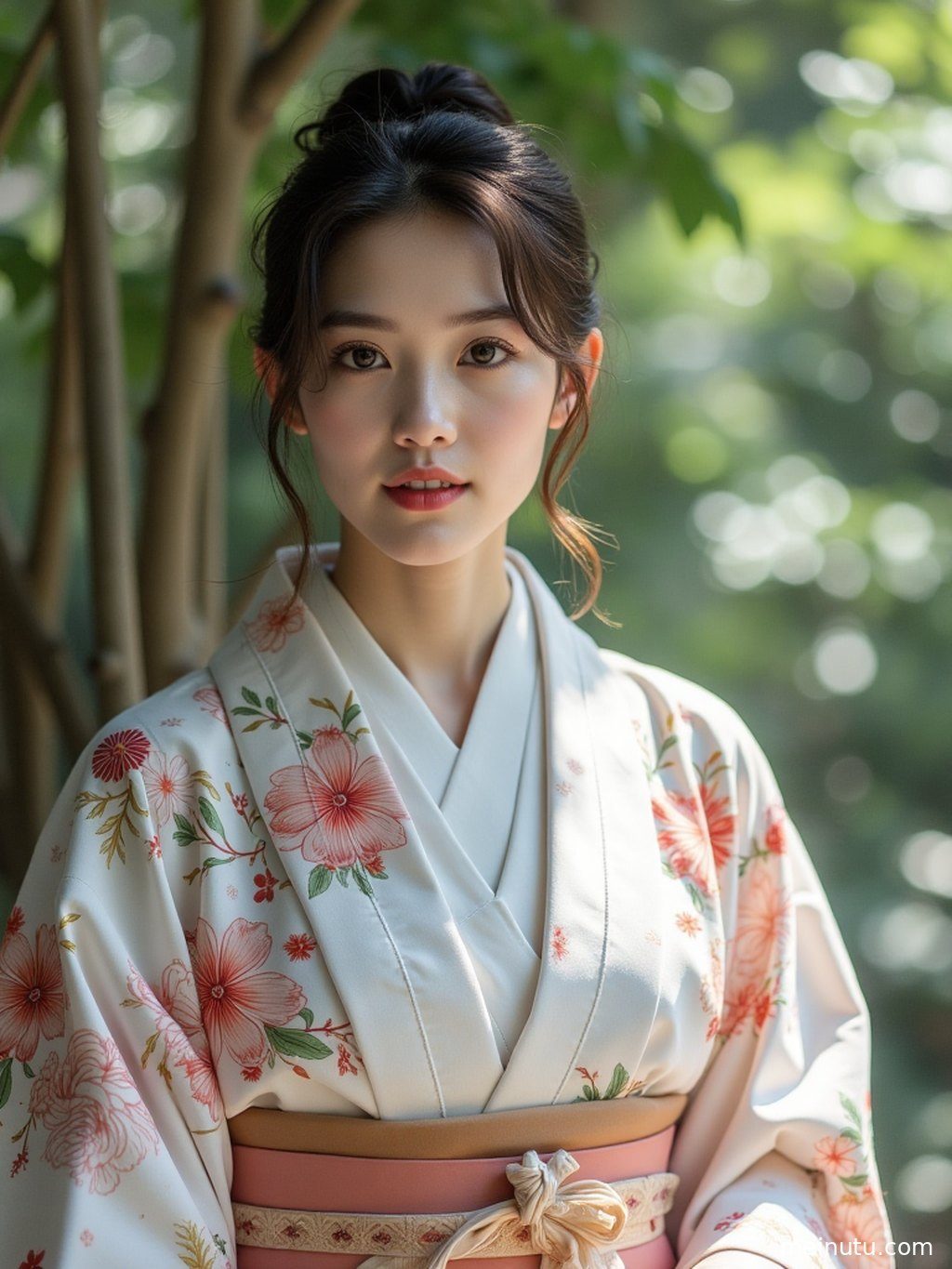 成年女子在街头漫步，和服随风微动，营造出充满诗意的街拍氛围。
