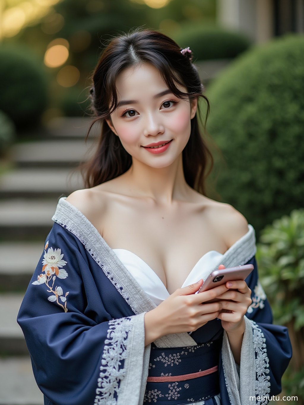 身着精美日本动漫风格和服的成年女子，站在复古走廊中，光线清透。