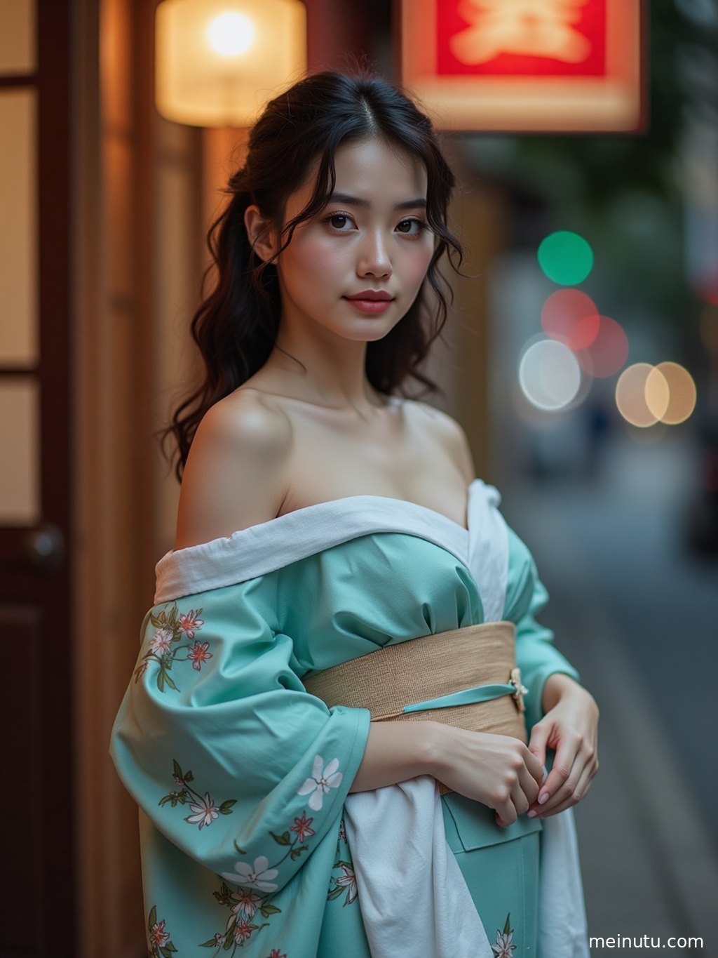 成年女子沐浴在清透高光下，身着日本动漫和服，置身于充满故事感的复古走廊。