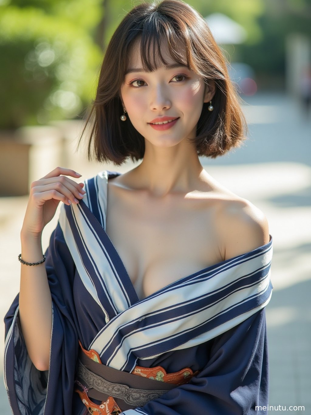 身着华美和服的成年女子在日式花园中，光影斑驳，气质清冷。