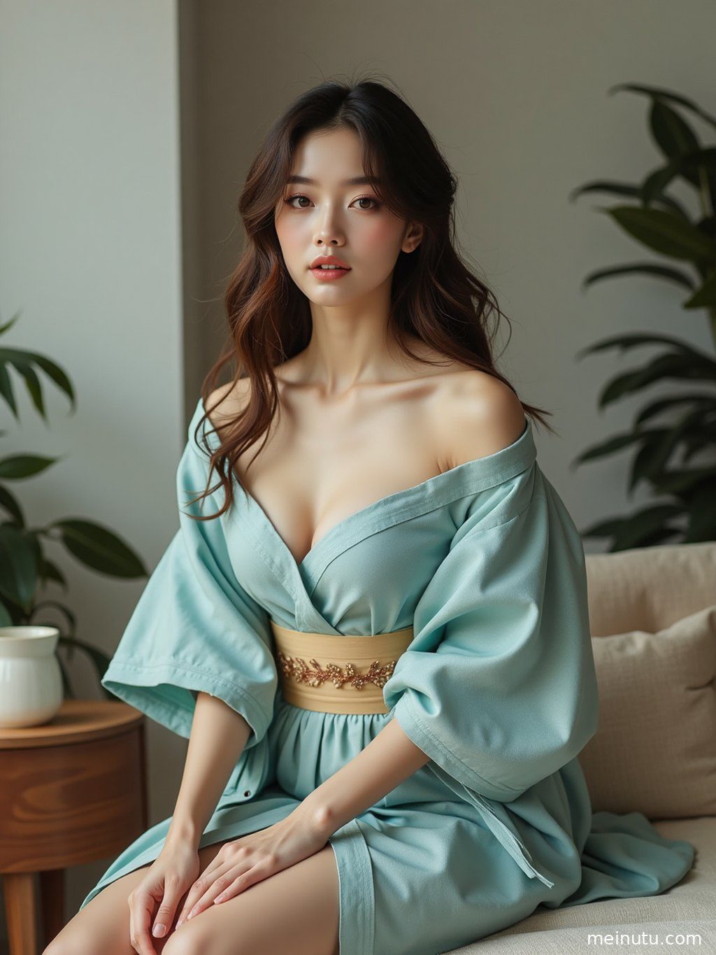 低角度拍摄，成年女子身着素雅访问着，在日式庭院中散发静谧气质。