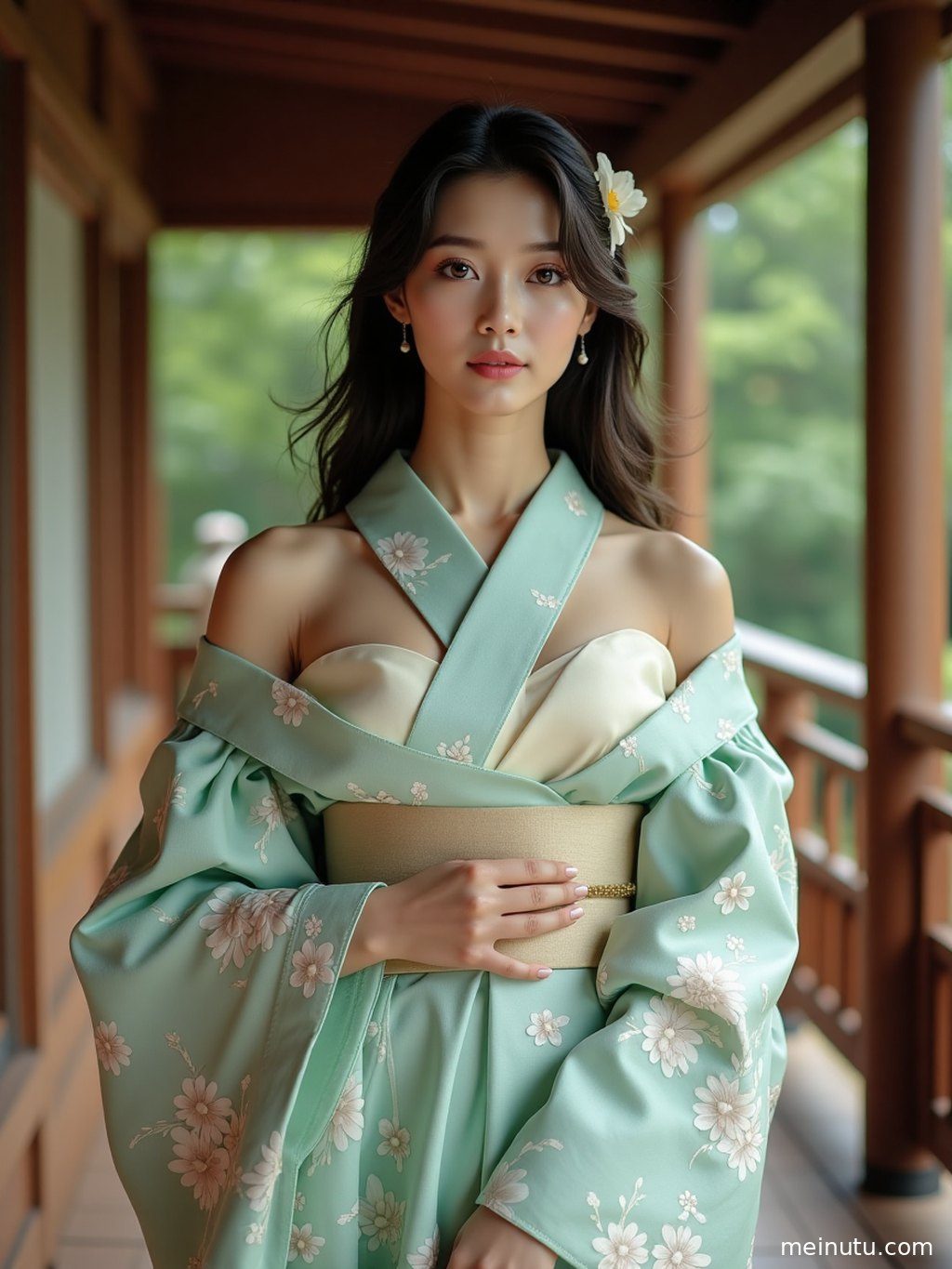 日式庭院一角，成年女子身着不同分类的和服，光影交错间尽显东方韵味。