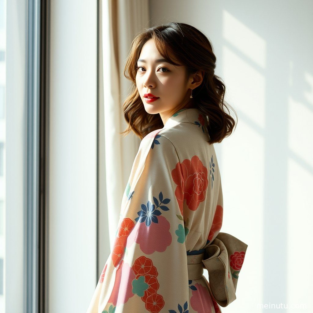 成年女子手持团扇，站在光影斑驳的窗边，尽显东方韵味。