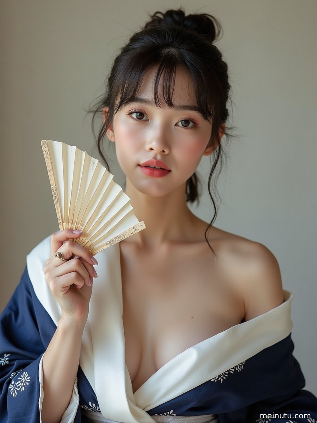 特写镜头下，和服精美的花纹与丝绸的光泽在光线下熠熠生辉。