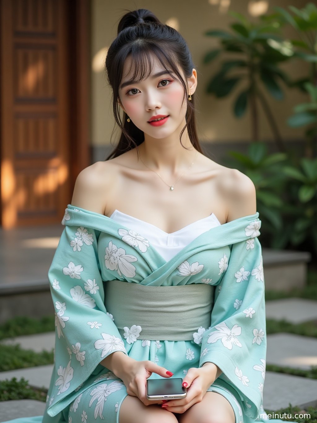 花园一角，一位成年女子身着和服，侧脸沐浴在柔和的电影感光线下。