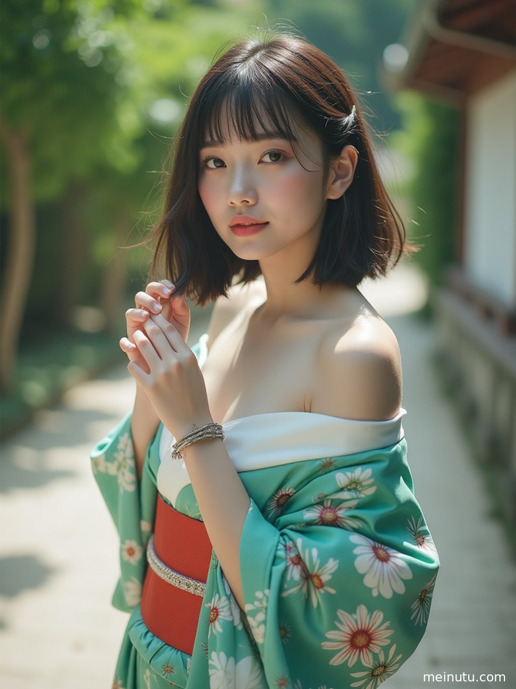 特写镜头下，精美的日本和服细节与花园中盛开的花朵交相辉映，展现东方美学的细腻。