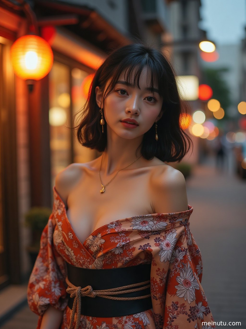 日式花园一角，年轻成年女性身着和服，静静品味着这份宁静与古典之美，光影交织，意境深远。