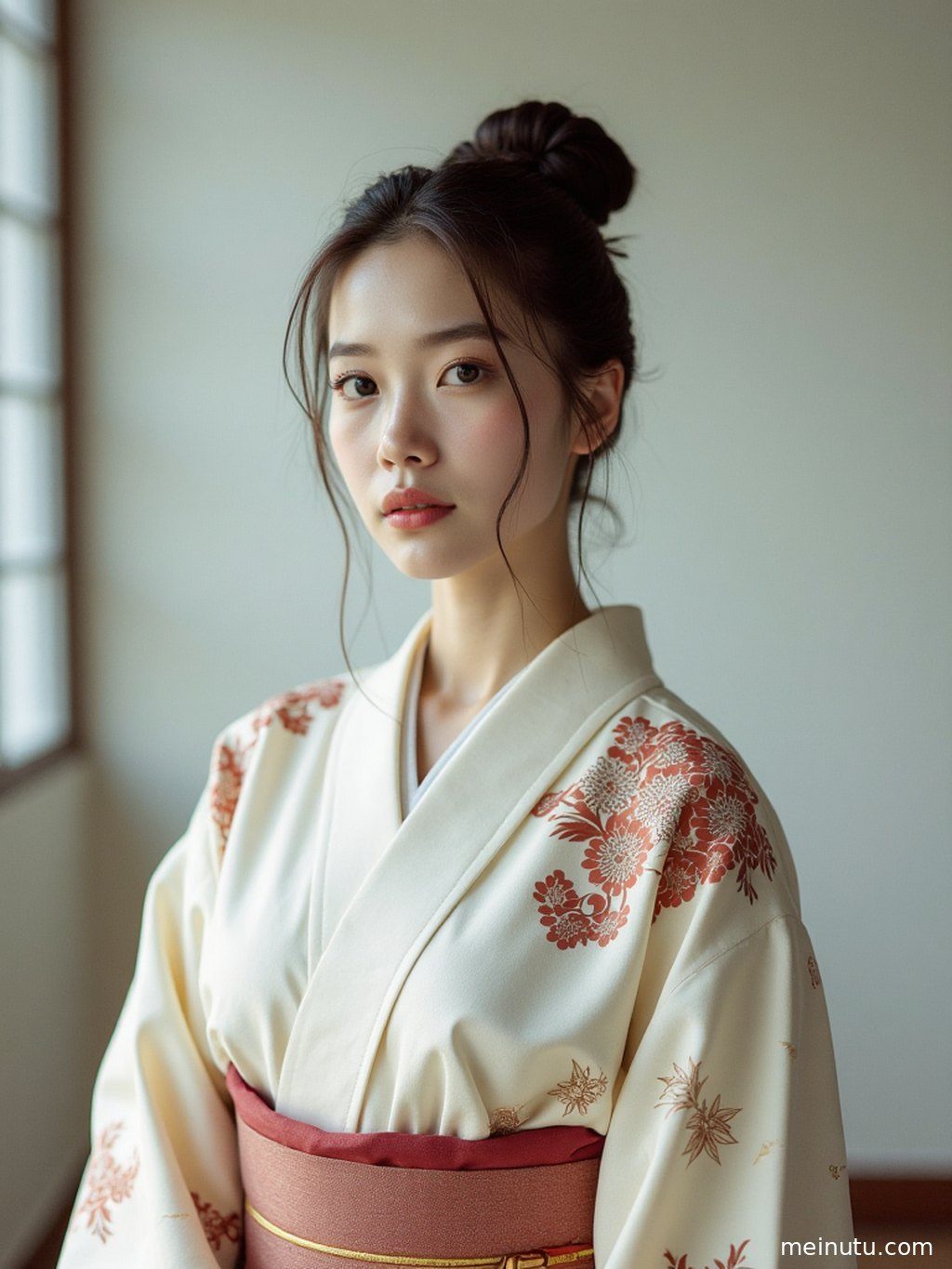 室内柔光下，成年女子身着传统日式和服，散发出宁静致远的东方韵味。