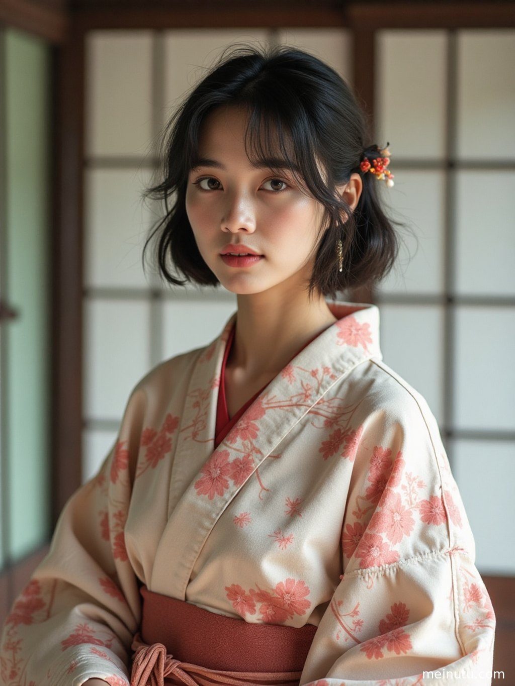 全身构图展示日式和服的精美细节与成年女性的温婉气质。
