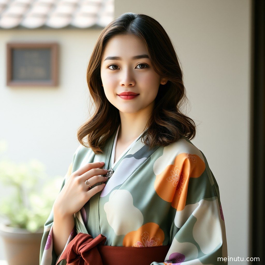黄昏时分，一位成年女性身着传统和服，在樱花树下享受宁静的温暖时光。