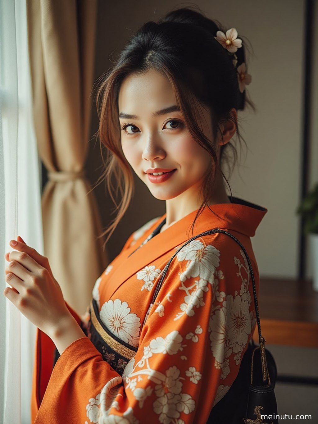 一位成年女子身着华丽樱花和服，在黄昏的暖色侧光下回眸，樱花飘落，意境唯美。