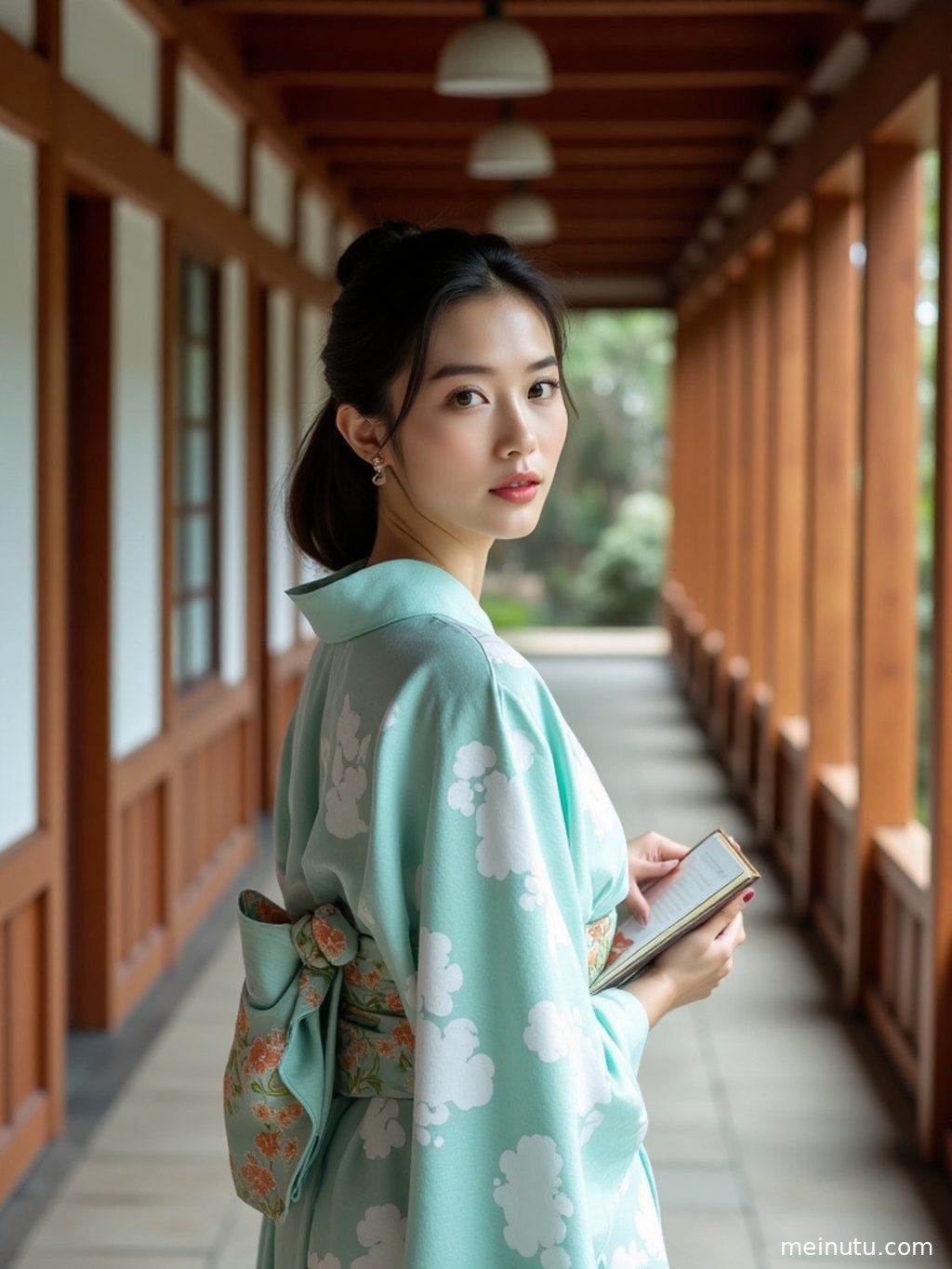 捕捉到成年女子穿着樱花和服，在黄昏光线下轻盈转身的瞬间，裙摆飞扬，充满动态美。